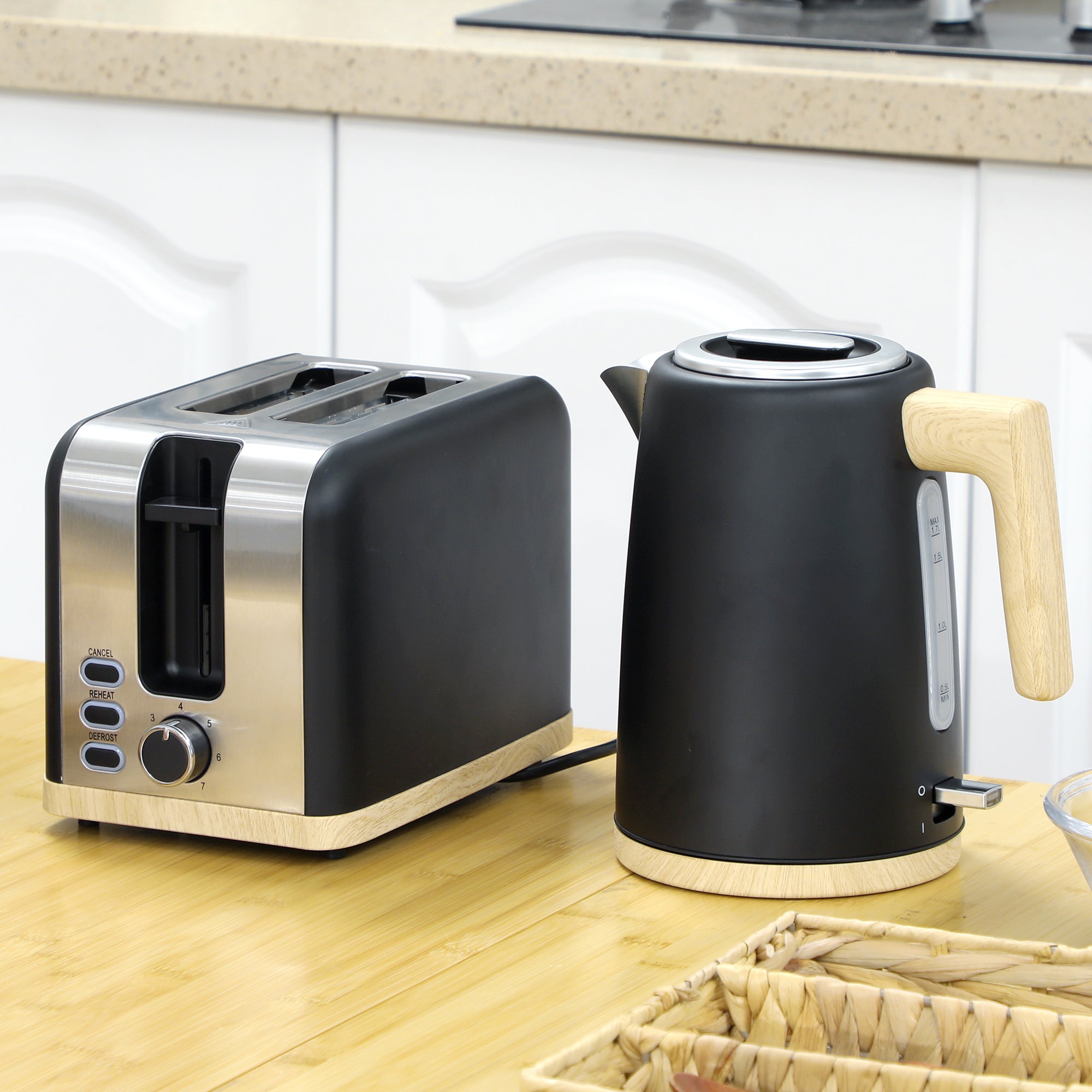 Stainless Steel Kettle and Toaster Set, 1.7L 3000W Fast Boil Kettle & 2 Slice Toaster Kitchen Set with 7 Level Browning Controls, Defrost, Reheat, Auto Off, Boil-dry Protection, Black
