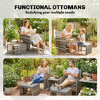 Outsunny 6 Piece Rattan Garden Furniture, Space-Saving Patio Furniture Set with Nesting Tables, Chairs, Stools, Cushions, Grey