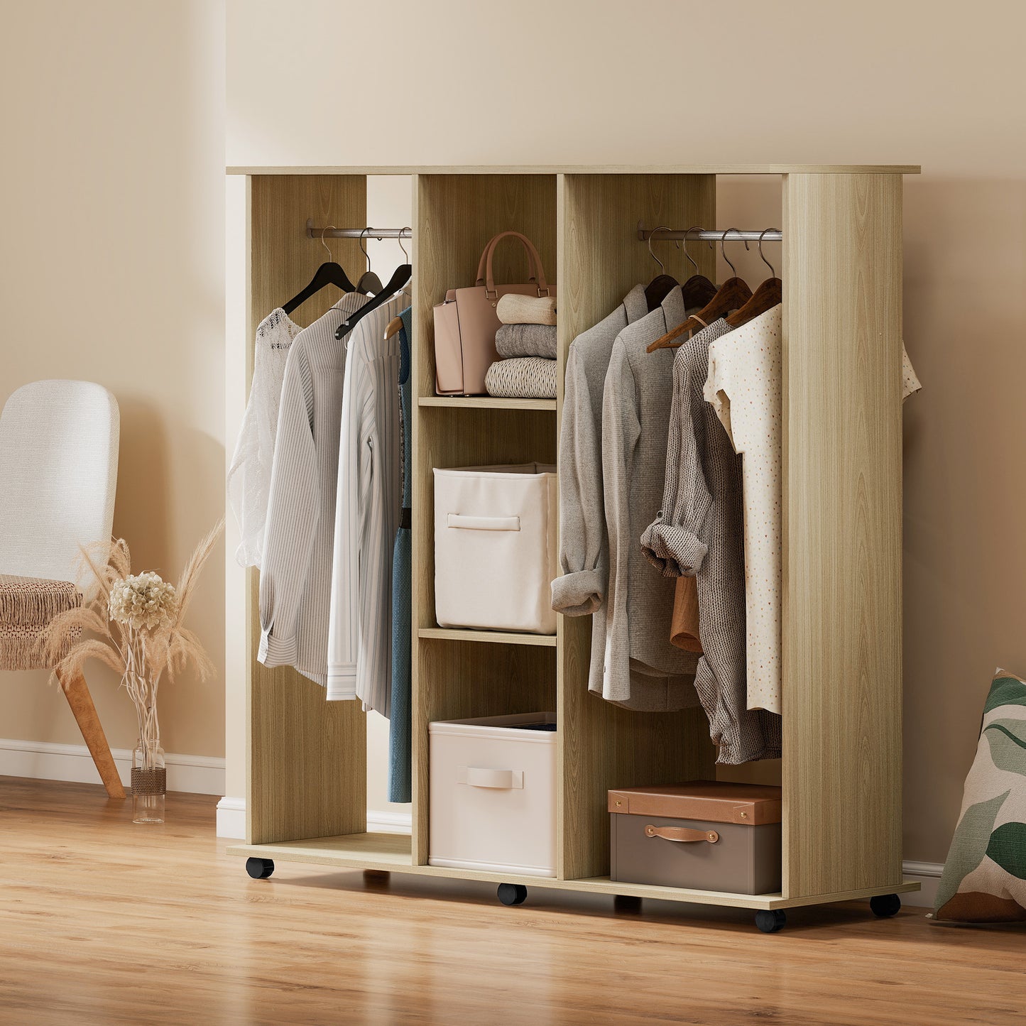Open Wardrobe Double Mobile Storage Shelves Organizer W/6 Wheels-Natural