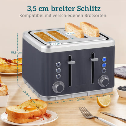 Electric Stainless Steel Kettle and Toaster Set, 3000W 1.7L UK Strix Thermostat Fast Boil Kettle w/ Limescale Filter, Cool Touch Body, 4 Slice Toaster with 7 Browning Levels, Crumb Tray, Grey