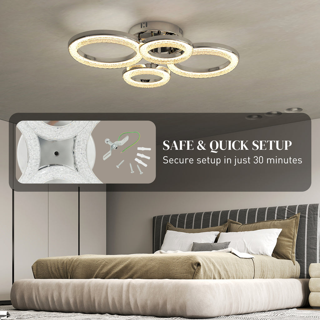 4-Ring LED Ceiling Light, Flush Mount Ceiling Light with 3 Colour Temperatures, Silver Tone