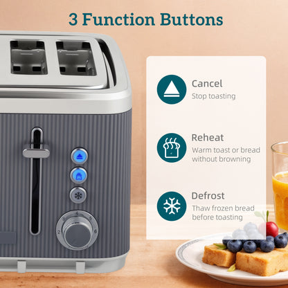 Electric Stainless Steel Kettle and Toaster Set, 3000W 1.7L UK Strix Thermostat Fast Boil Kettle w/ Limescale Filter, Cool Touch Body, 4 Slice Toaster with 7 Browning Levels, Crumb Tray, Grey