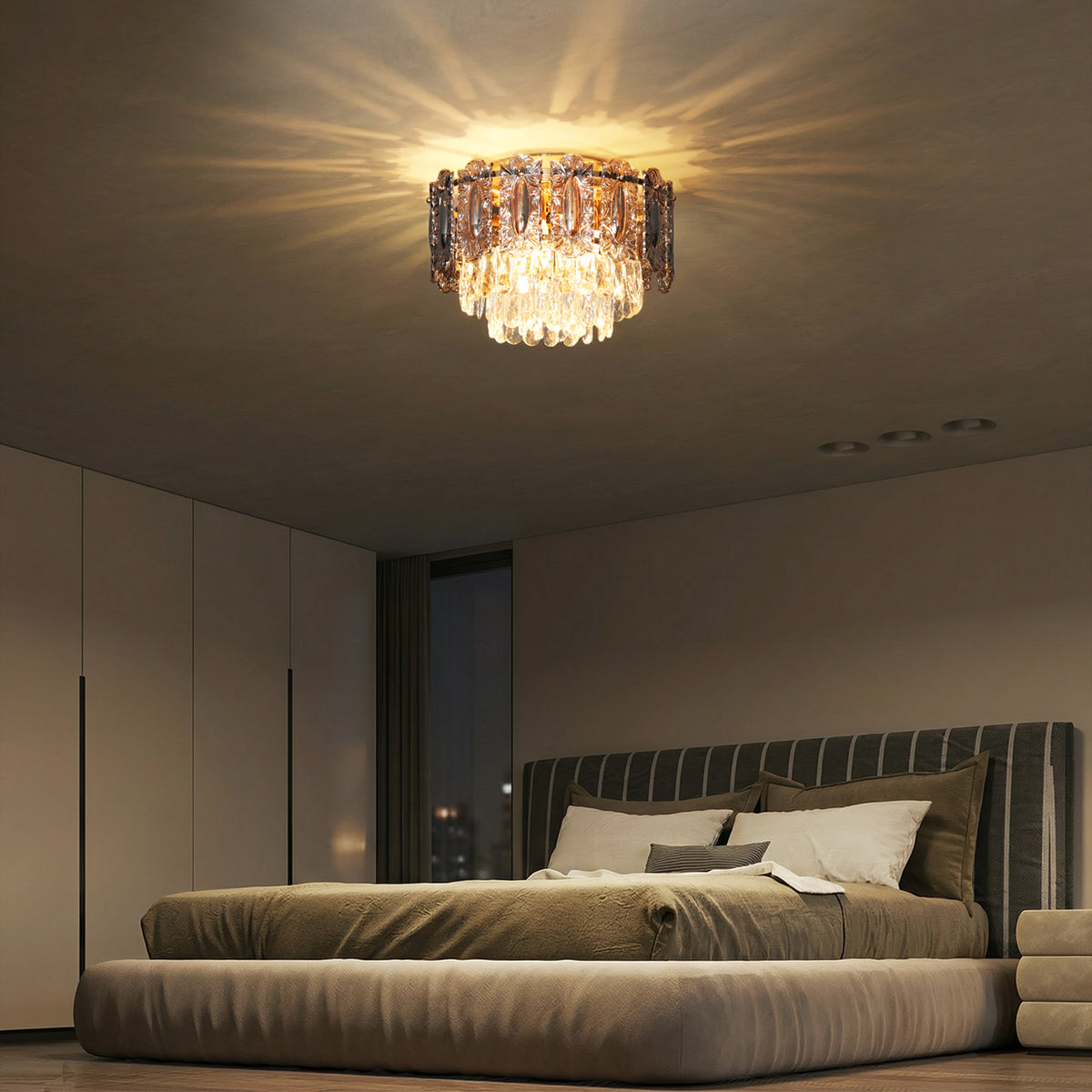 Chandelier Ceiling Light, 3-Light Flush Mount Fixture with Dual Crystal and Smoke Glass Shade, 40 cm LED Ceiling Light for Living Room Bedroom, 3 E14 Sockets, Bulbs Not Included, Gold Tone