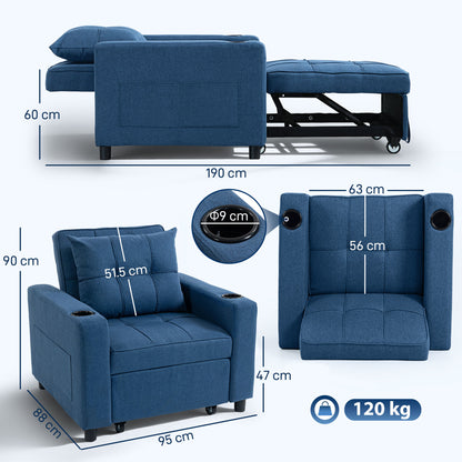 3-in-1 Single Sofa Bed, Convertible Sleeper Chair Bed with 3-level Adjustable Back - Dark Blue