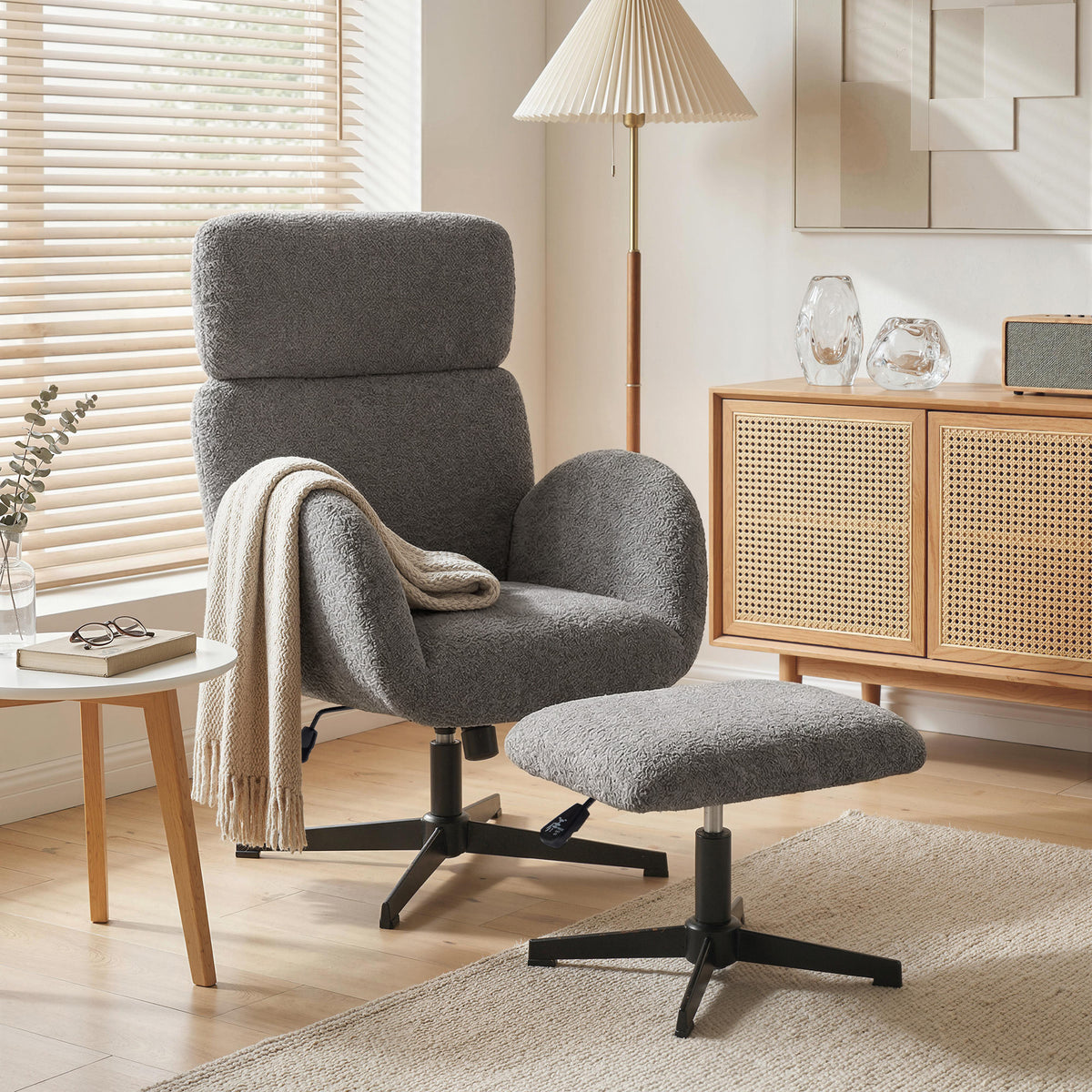 Swivel Armchair and Footstool Set, Height Adjustable Accent Chair with Adjustable Headrest, Rocking Function, Grey