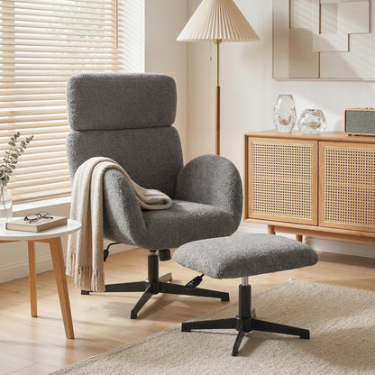 Swivel Armchair and Footstool Set, Height Adjustable Accent Chair with Adjustable Headrest, Rocking Function, Grey