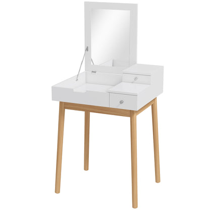 Dressing Table with Flip-up Mirror, Makeup Desk with 2 Drawers and Pine Wood Legs, Vanity Table Writing Desk for Bedroom Living Room, White