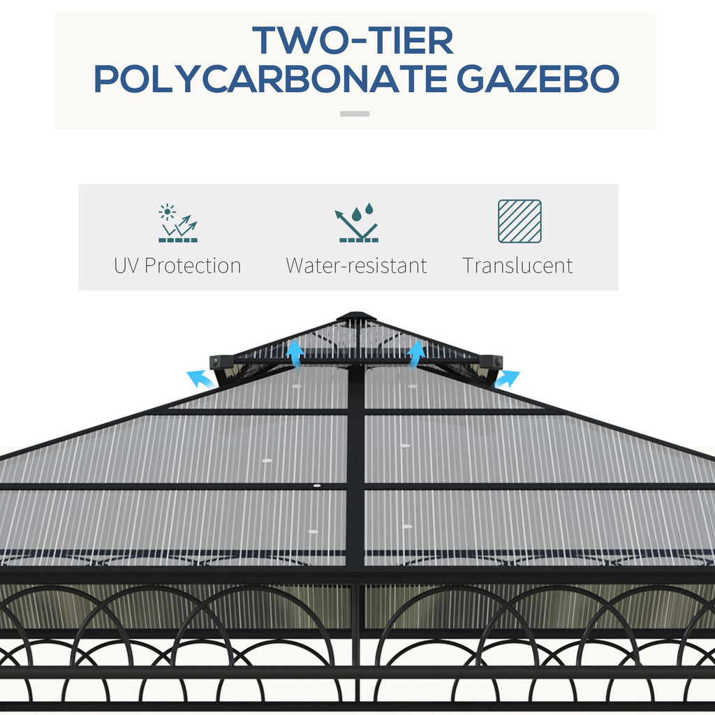 Outsunny 3 x 3 (m) Outdoor Polycarbonate Gazebo, Double Roof Hard Top Gazebo with Galvanised Steel Frame, Nettings & Curtains for Garden, Lawn, Patio and Deck, Khaki