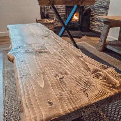 Live / Waney Edge Dining Table With Bench and X Cross Metal Legs
