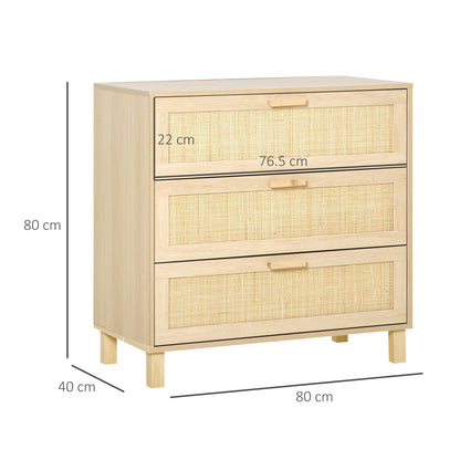 Rattan Bedroom Chest of Drawers, 3 Drawers Storage Unit, Boho Dresser for Living Room, Hallway, Natural