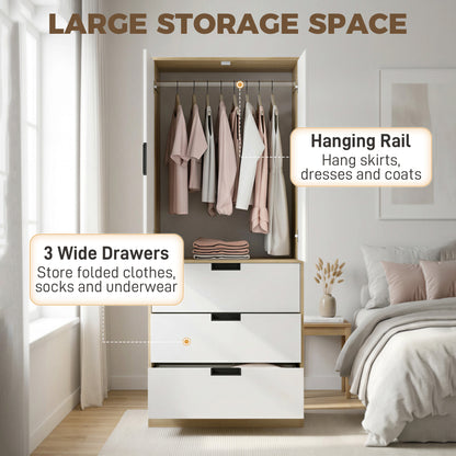 Modern Clothes Storage Cupboard Unit, 3 Drawer 2 Door Wardrobe with Hanging Rod, Oak