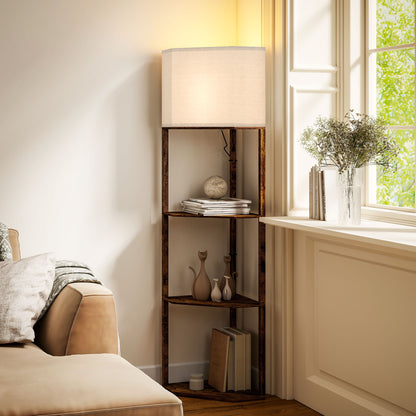 Corner Floor Lamp with Shelves, Tall Standing Lamps for Living Room, with Pull Chain Switch Bulb not Included, Rustic Brown
