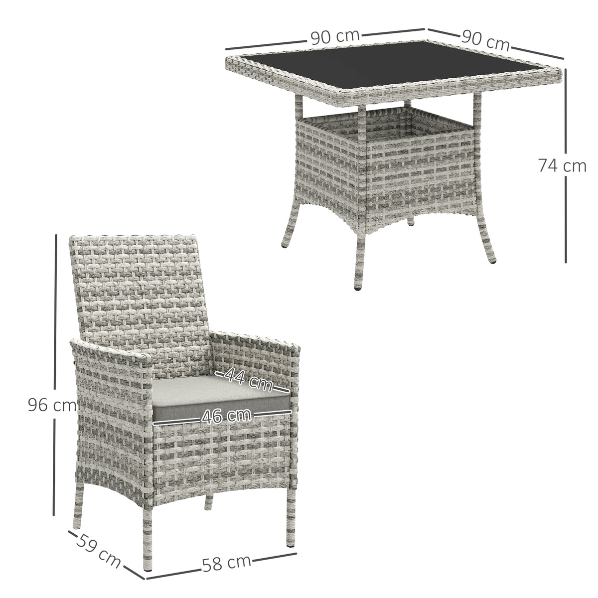 Outsunny Rattan Garden Furniture Set, Outdoor Dining Table and Chairs 4 Seater with Cushions, Square Tempered Glass Top, 4 Armchairs, for Balcony, Terrace, Conservatory, Mixed-Grey