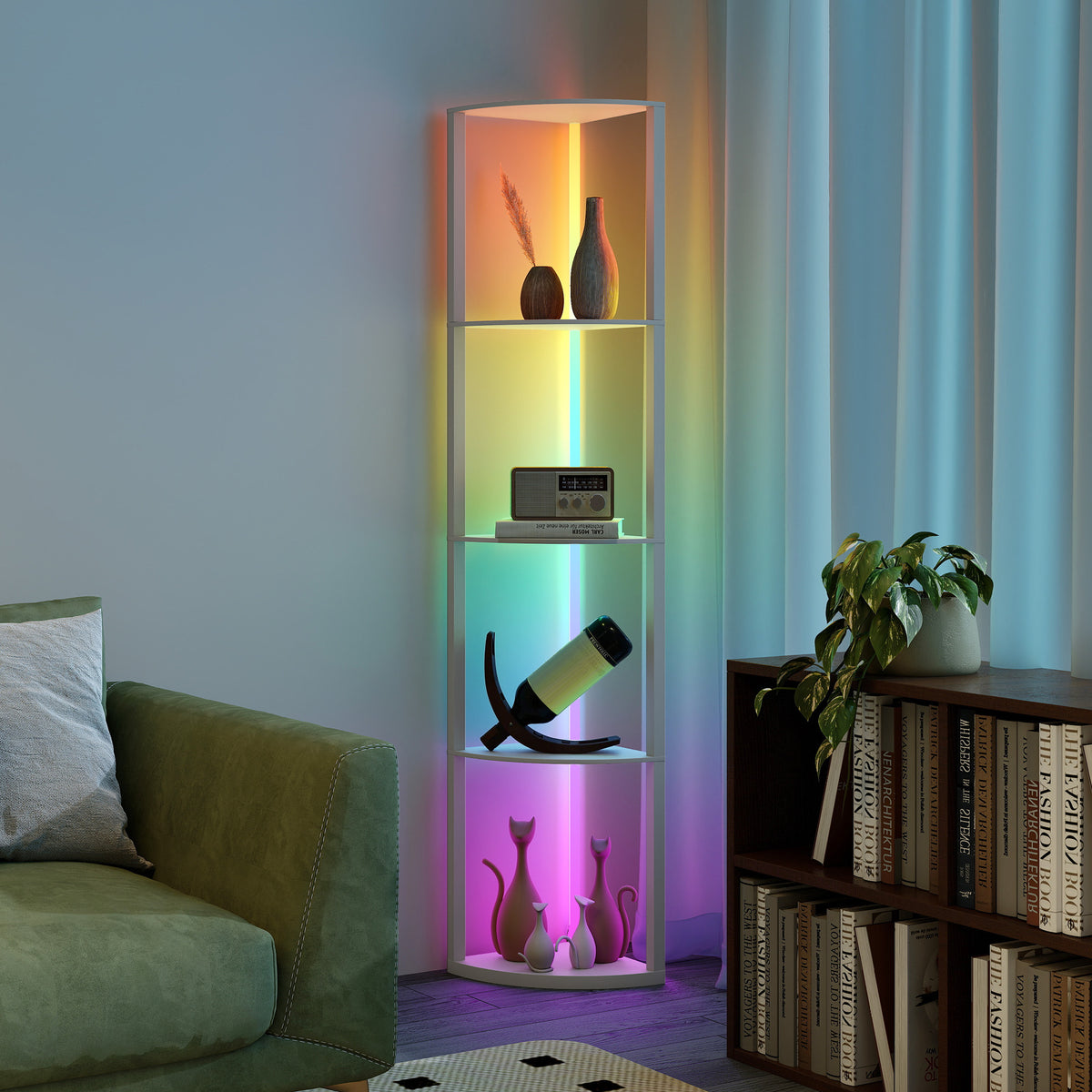 RGB LED Floor Lamp with Shelves, 5-Tier Dimmable Standing Lamp with Adjustable Brightness and Remote Control, Modern Corner Display Shelf Unit for Living Room Bedroom Office, Grey