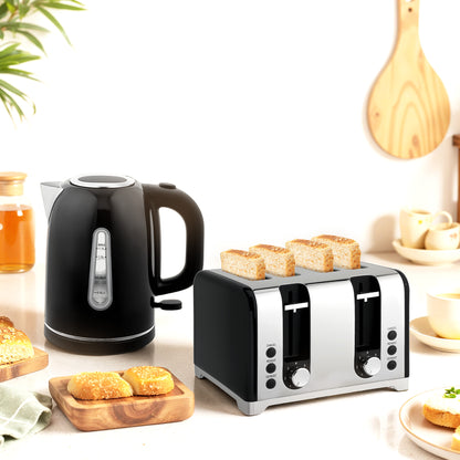 Kettle and Toaster Set, 1.7L 3000W Rapid Boil Jug Kettle with Otter Thermostat, Limescale Filter, 4 Slice Toaster with 7 Browning Controls, Crumb Tray, LED Strip, Black
