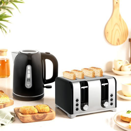 Kettle and Toaster Set, 1.7L 3000W Rapid Boil Jug Kettle with Otter Thermostat, Limescale Filter, 4 Slice Toaster with 7 Browning Controls, Crumb Tray, LED Strip, Black