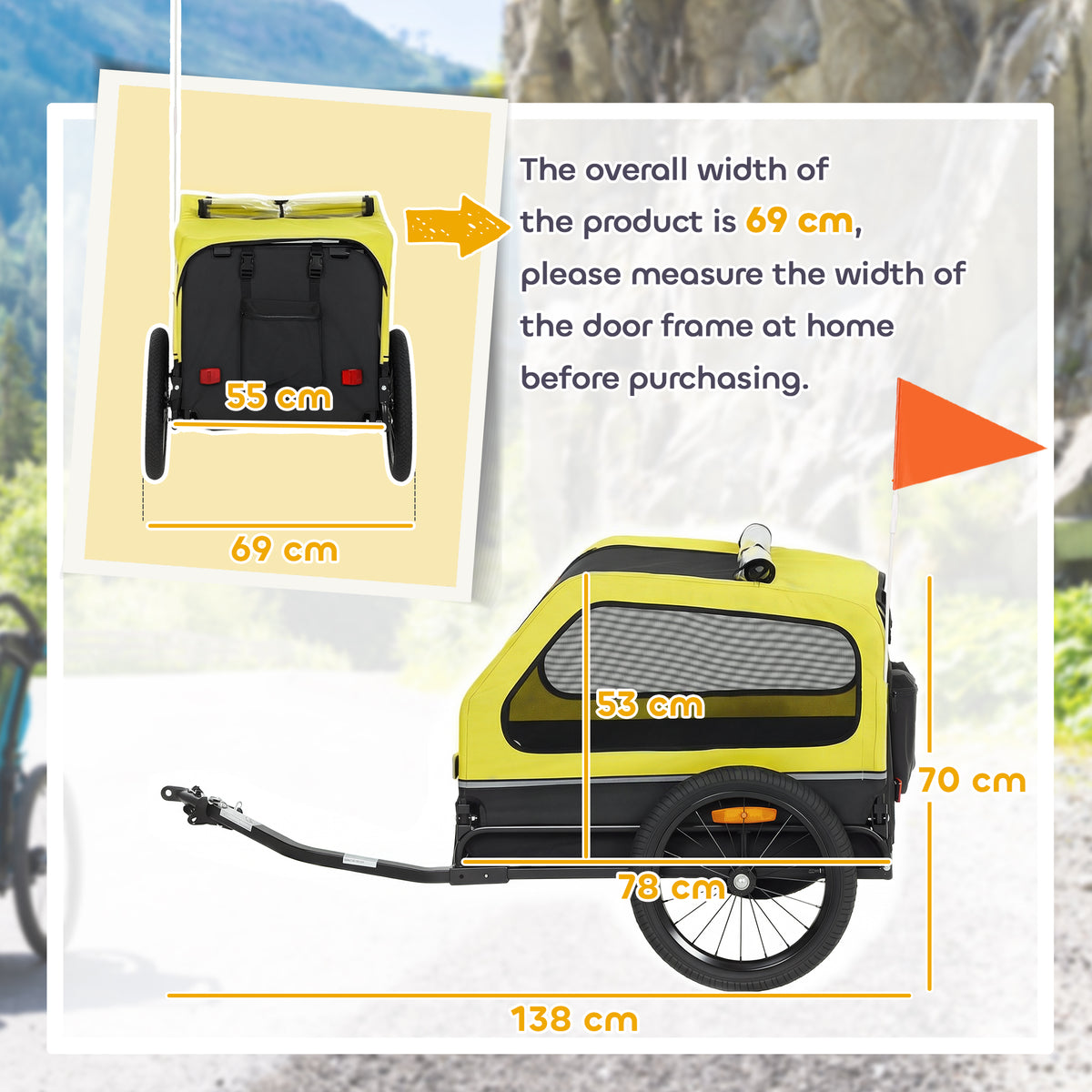 PawHut Dog Bike Trailer with Flip-Down Ramp Tailgate, Quick Release Frame, Universal Bicycle Coupler, Reflectors, Yellow
