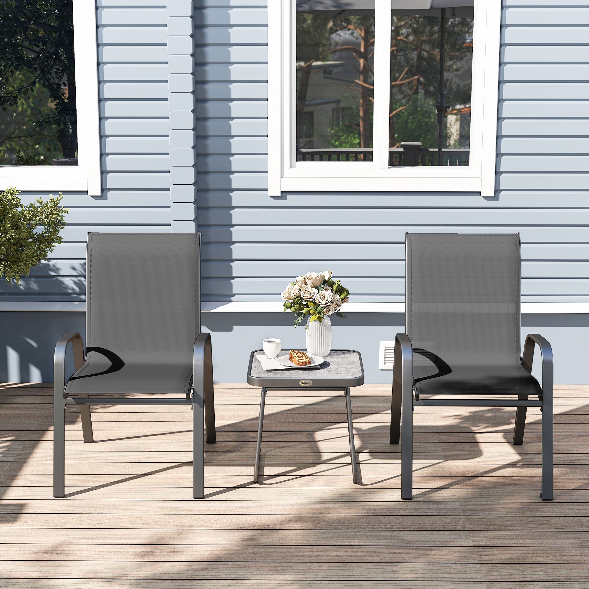 Outsunny 3 Pieces Outdoor Bistro Set, Patio Stackable Armchairs with Breathable Mesh Fabric and SPC Board Coffee Table, Black