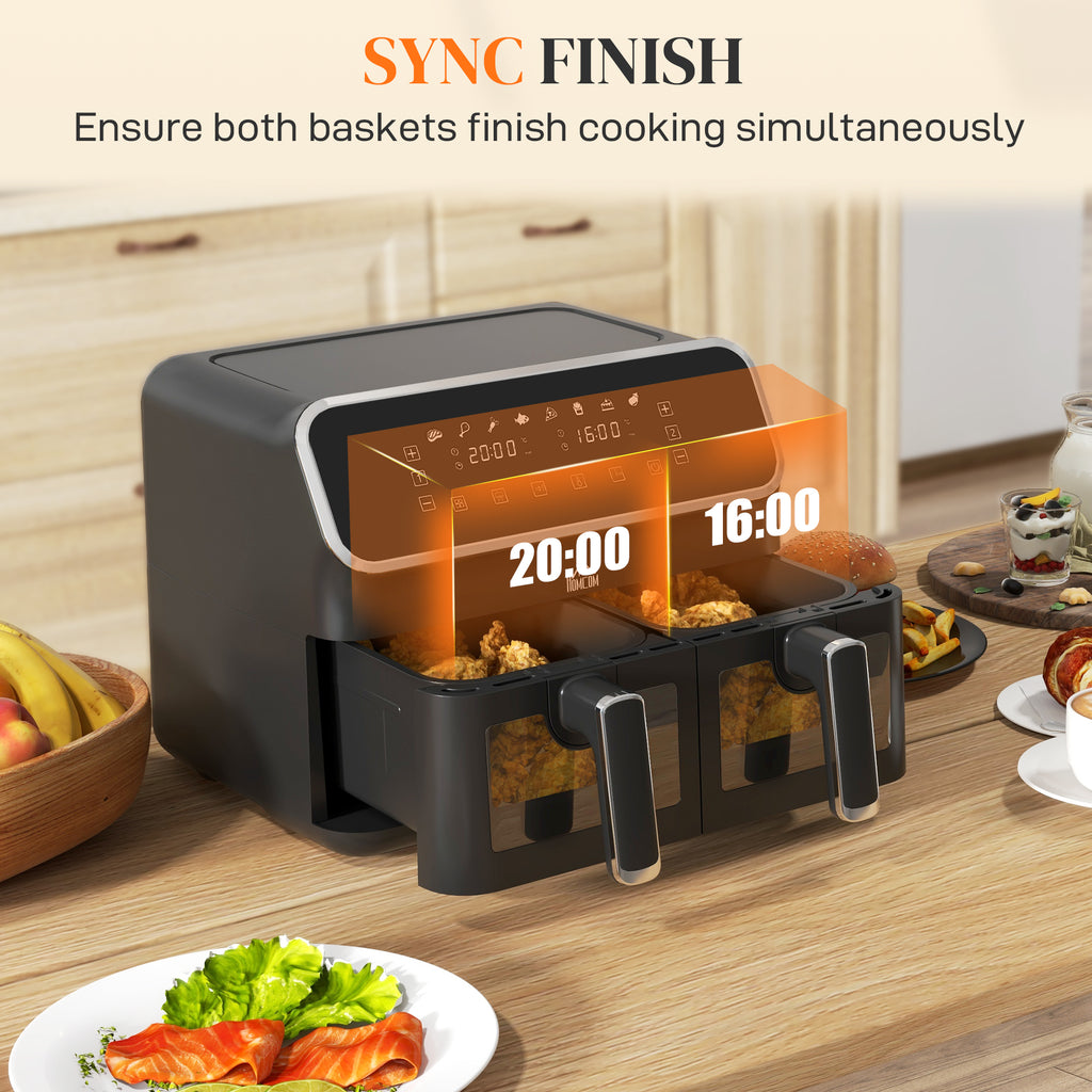 8L Dual Basket Air Fryer, 80-200? Air Fryer Oven with 2 Baskets and Sync Function - Black/Silver