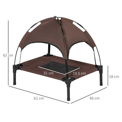 PawHut Outdoor Dog Bed with Removable Canopy, Portable Raised Dog Bed for Camping, Garden & Beach, Water-Resistant UV-Protection Mesh Pet Cot Sun Lounger, for Small Pets, 61 x 46 x 62 cm, Brown
