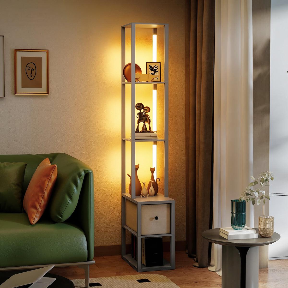 Floor Lamp with Shelves, LED Column Modern Standing Lamp with Fabric Drawer, Adjustable Brightness, Foot Switch for Living Room, Bedroom, Office, Grey