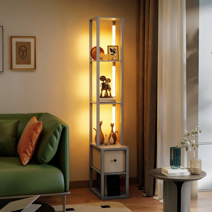 Floor Lamp with Shelves, LED Column Modern Standing Lamp with Fabric Drawer, Adjustable Brightness, Foot Switch for Living Room, Bedroom, Office, Grey