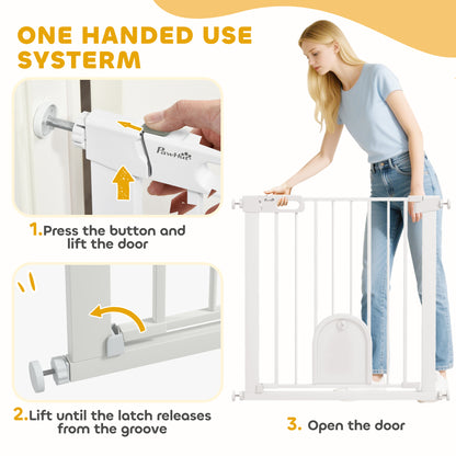 PawHut 75-82cm Pet Safety Gate, Pressure Fit Stair, with Cat Flap, Double Locking, White