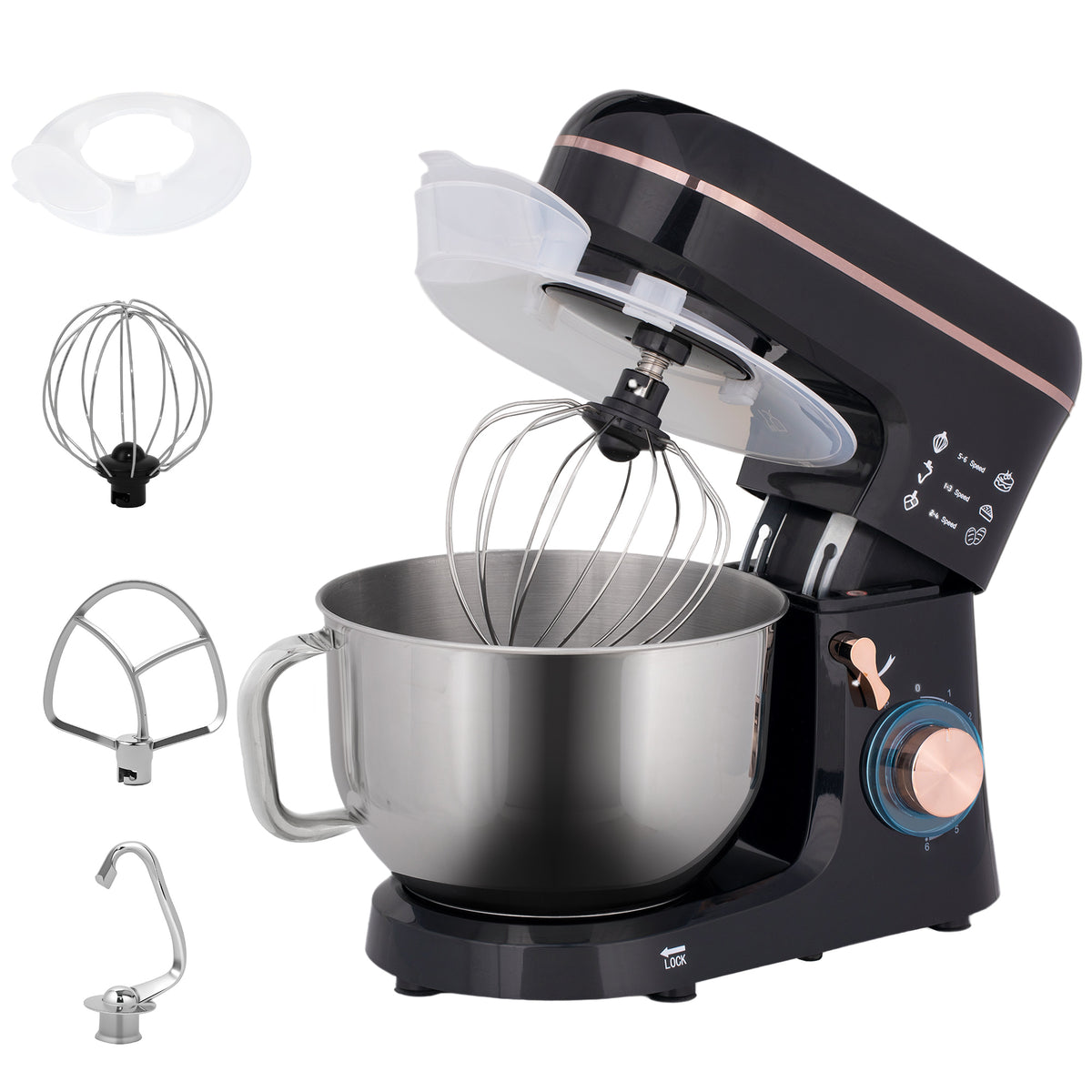 Stand Mixer, 5L Food Mixer for Baking, 6 Speeds and Pulse Setting, 1400W Cake Electric Kitchen Mixer with Dough Hook, Whisk, Stainless Steel Bowl, Splash Guard, Beater, Black