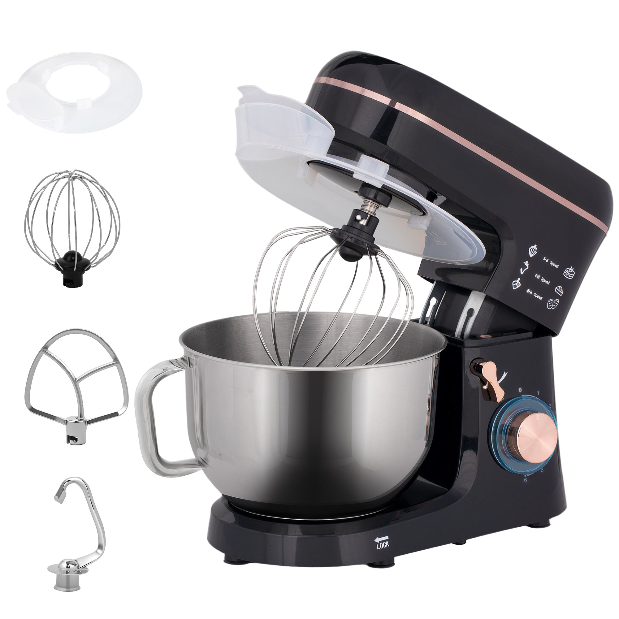 Stand Mixer, 5L Food Mixer for Baking, 6 Speeds and Pulse Setting, 1400W Cake Electric Kitchen Mixer with Dough Hook, Whisk, Stainless Steel Bowl, Splash Guard, Beater, Black