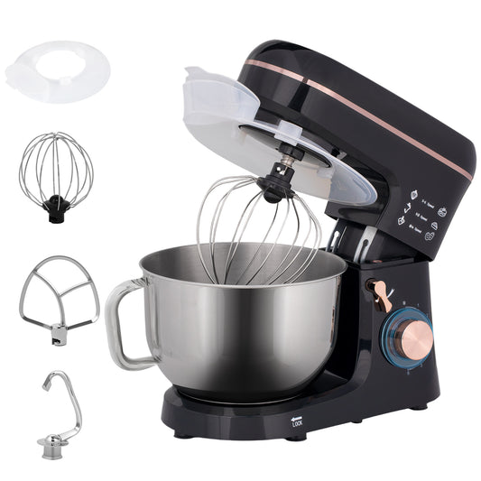 Stand Mixer, 5L Food Mixer for Baking, 6 Speeds and Pulse Setting, 1400W Cake Electric Kitchen Mixer with Dough Hook, Whisk, Stainless Steel Bowl, Splash Guard, Beater, Black