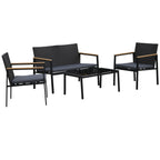Outsunny 4 Pieces Rattan Garden Furniture Set, 4 Seater Garden Sofa Set with Loveseat, 2 Armchairs and Glass Top Coffee Table, Wicker Outdoor Conservatory Furniture with Cushions for Patio, Black
