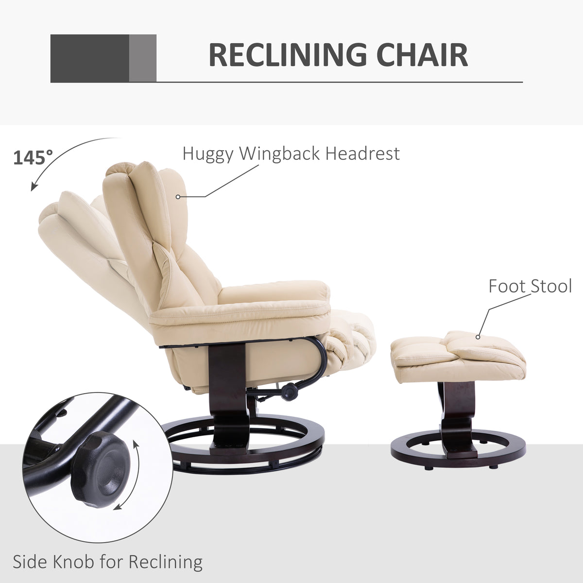360° Swivel Recliner Chair with Footstool, PU Leather Manual Recliner Armchair with Footstool, Solid Wood Base, Upholstered Reclining Chair for Living Room, Bedroom, Office, Cream