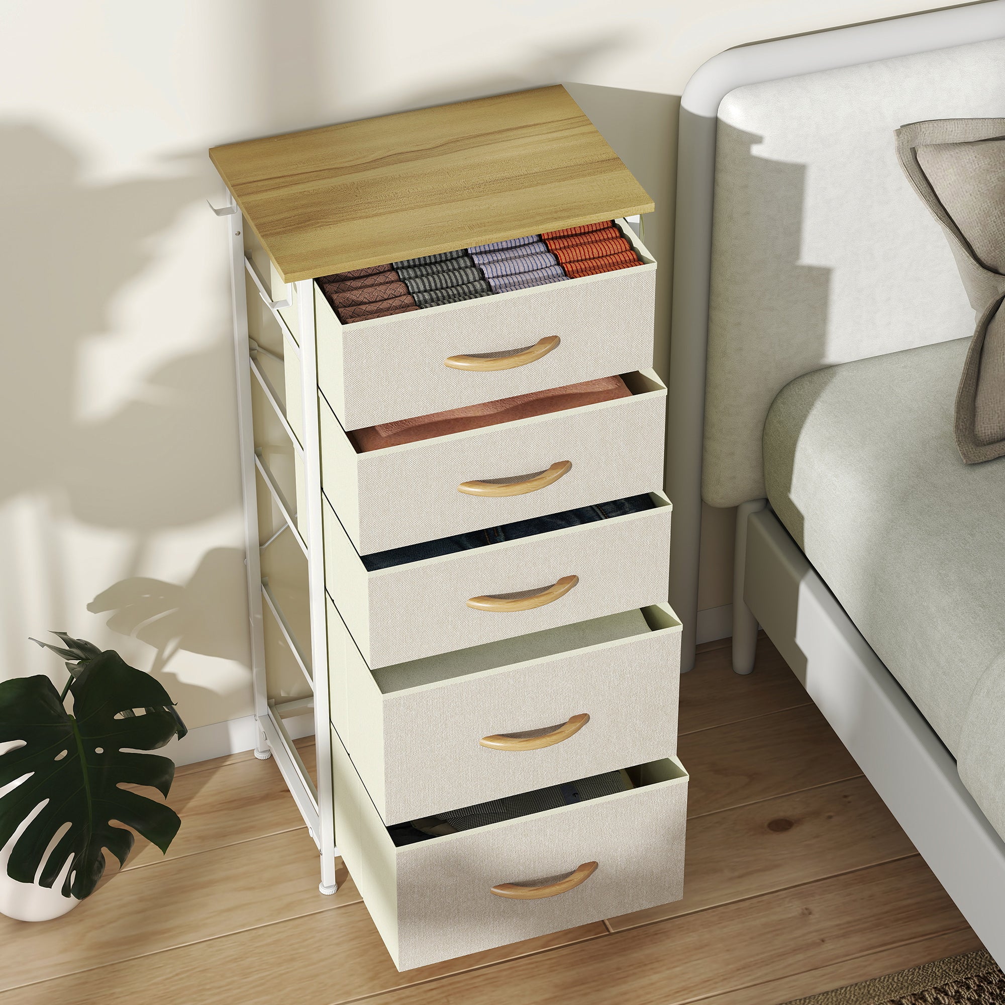 HOMCOM Chest of Five Fabric Drawers - Beige