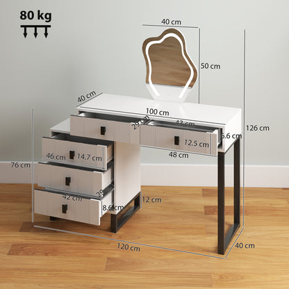 Dressing Table, Vanity Desk with Leaf Shape Mirror, Makeup Table with 5 Drawers, 3-Colour LED Lights, 100x40cm Tabletop, White