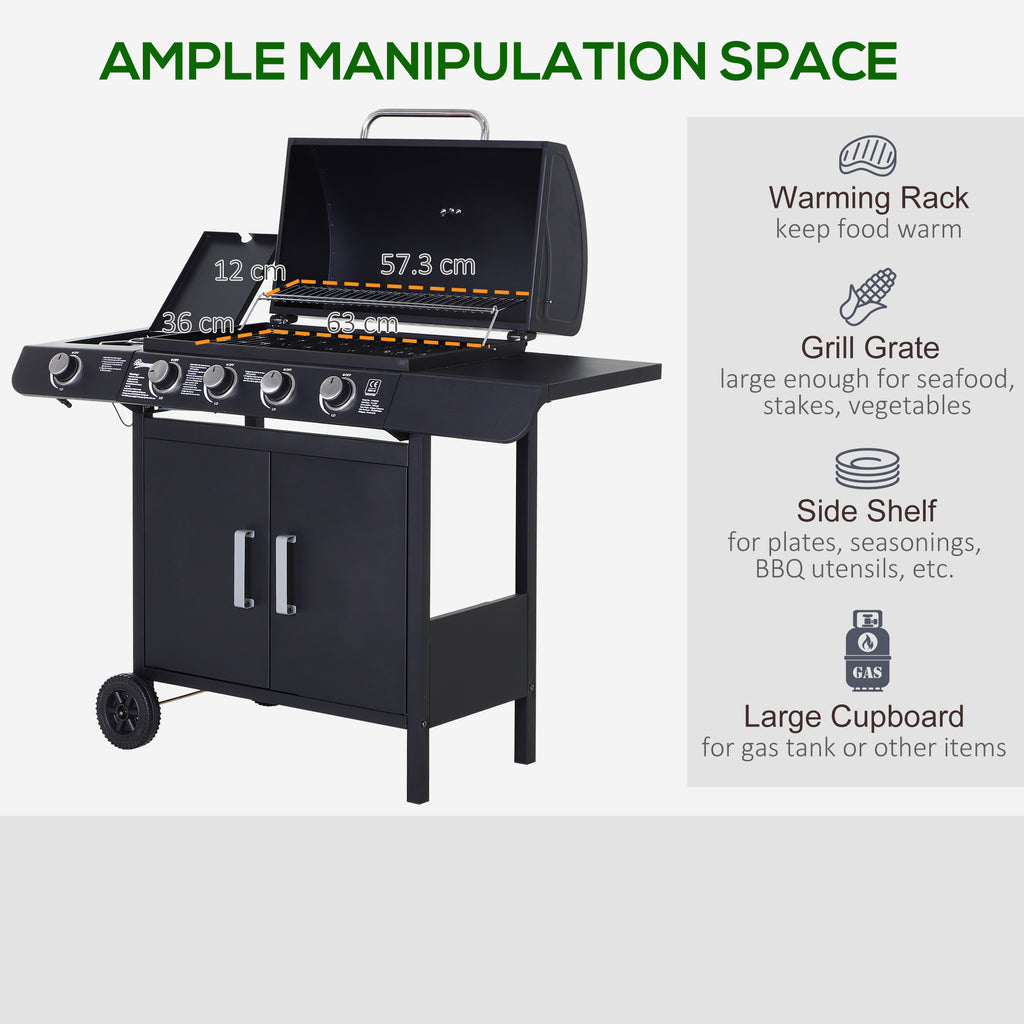 Outsunny 4+1 Burner Gas BBQ Grill, Outdoor Barbecue Trolley with Wheels, Warming Rack, Side Shelves, Cabinet, Thermometer for Garden, Party, Camping, 125 L x 51 W x 100 H cm, Black