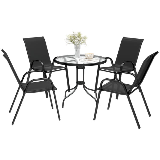 Outsunny Five-Piece Steel Patio Set, with Glass-Top Table - Black