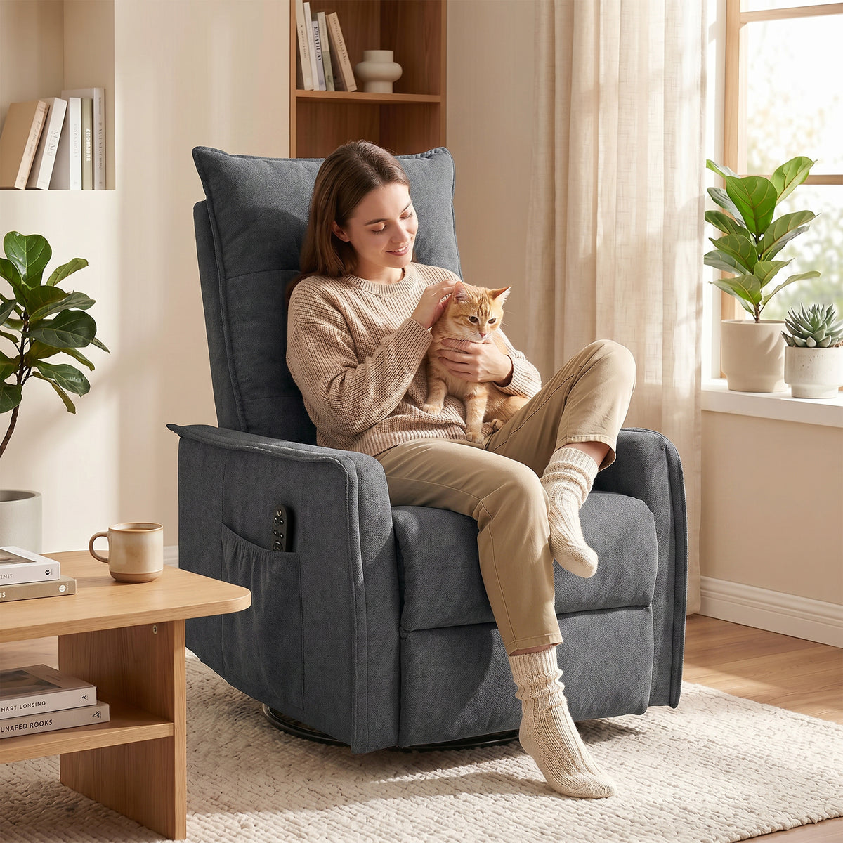 Recliner Armchair, Chenille Recliner Chair with Massage and Heat, 360° Swivel Rocking Manual Recliner, Dark Grey