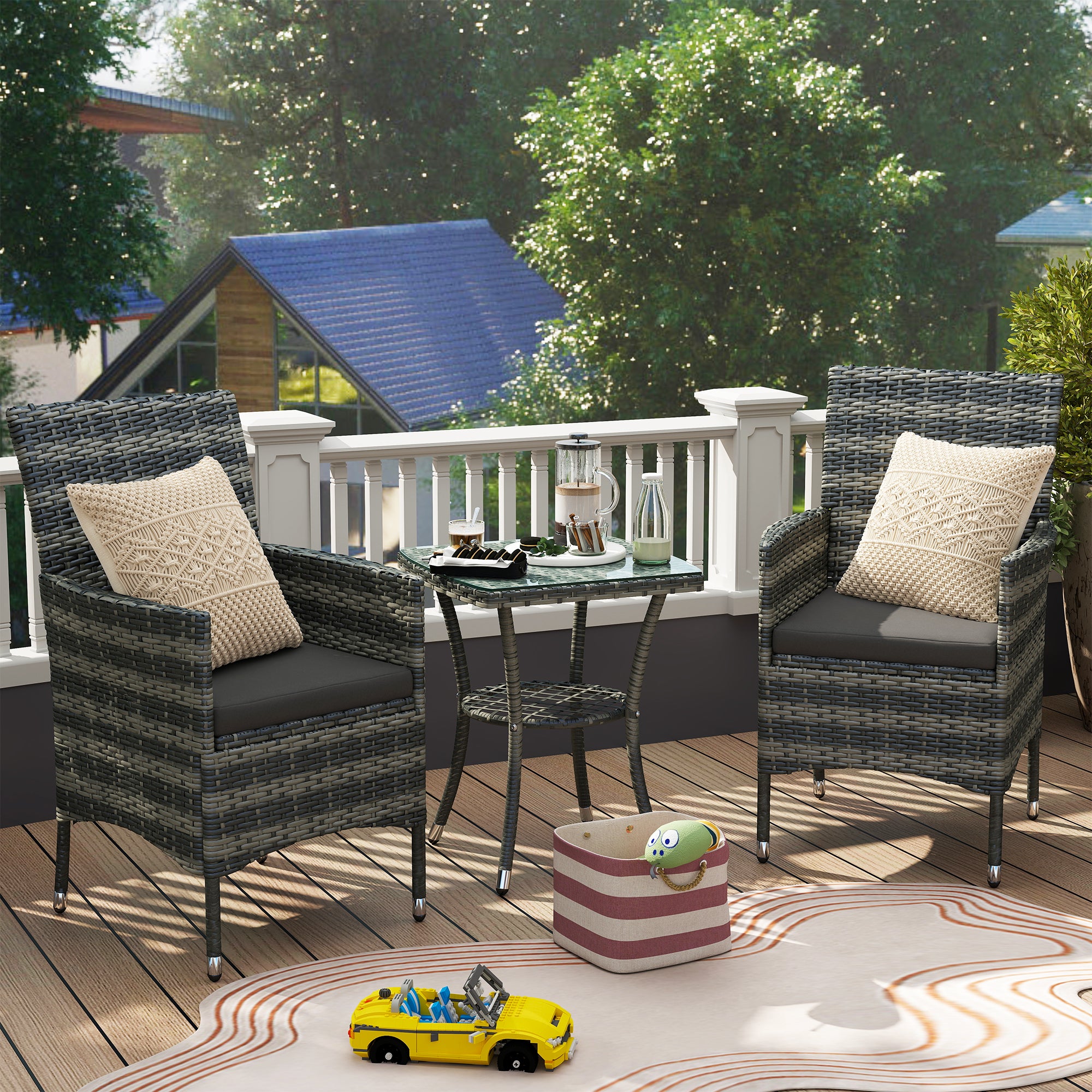 Outsunny 3 Pieces Rattan Bistro Set, Wicker Garden Furniture Set with 2-Tier Coffee Table and Chairs, Washable Cushions, for Outdoor Patio Balcony, Mixed Grey