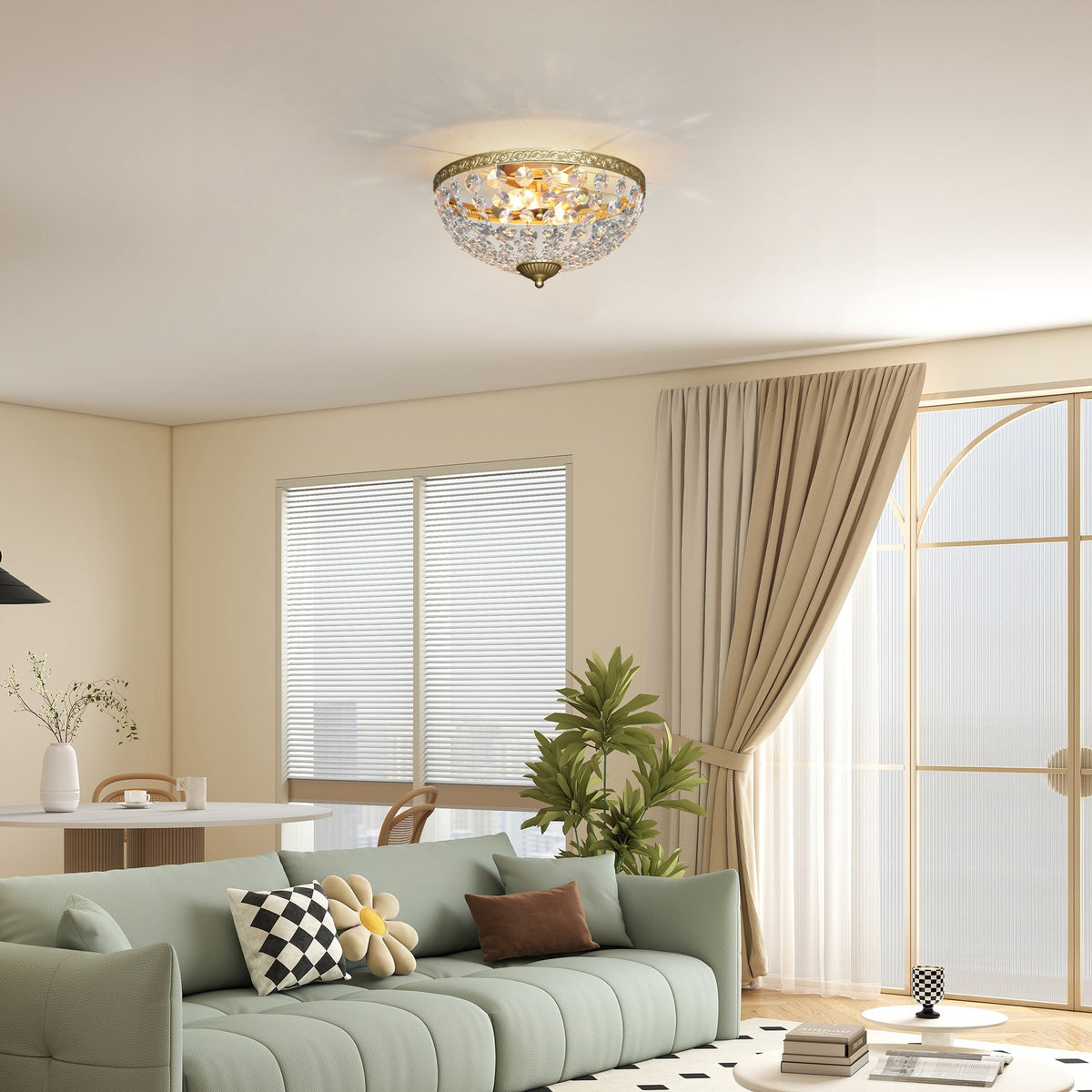 Crystal Chandelier Ceiling Light with 168 Octagonal Beads, Vintage 2-Light Flush Mount Ceiling Light for Living Room, Bedroom, Hallway, Dining Room, Gold Tone