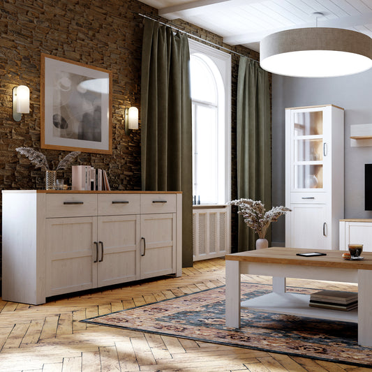 Balmoral 3 Door 3 Drawer Sideboard in Riviera Oak/White