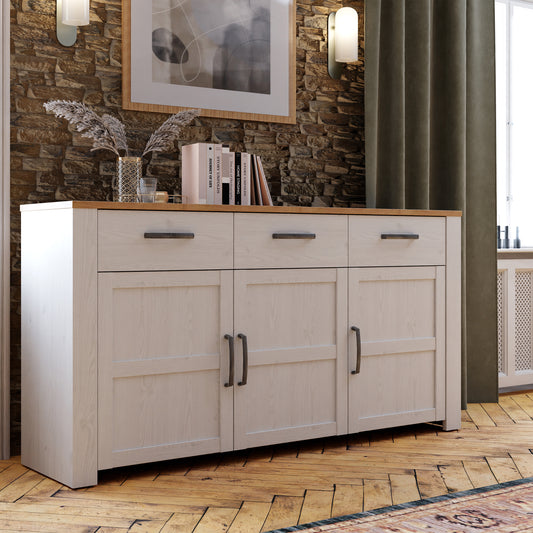 Balmoral 3 Door 3 Drawer Sideboard in Riviera Oak/White