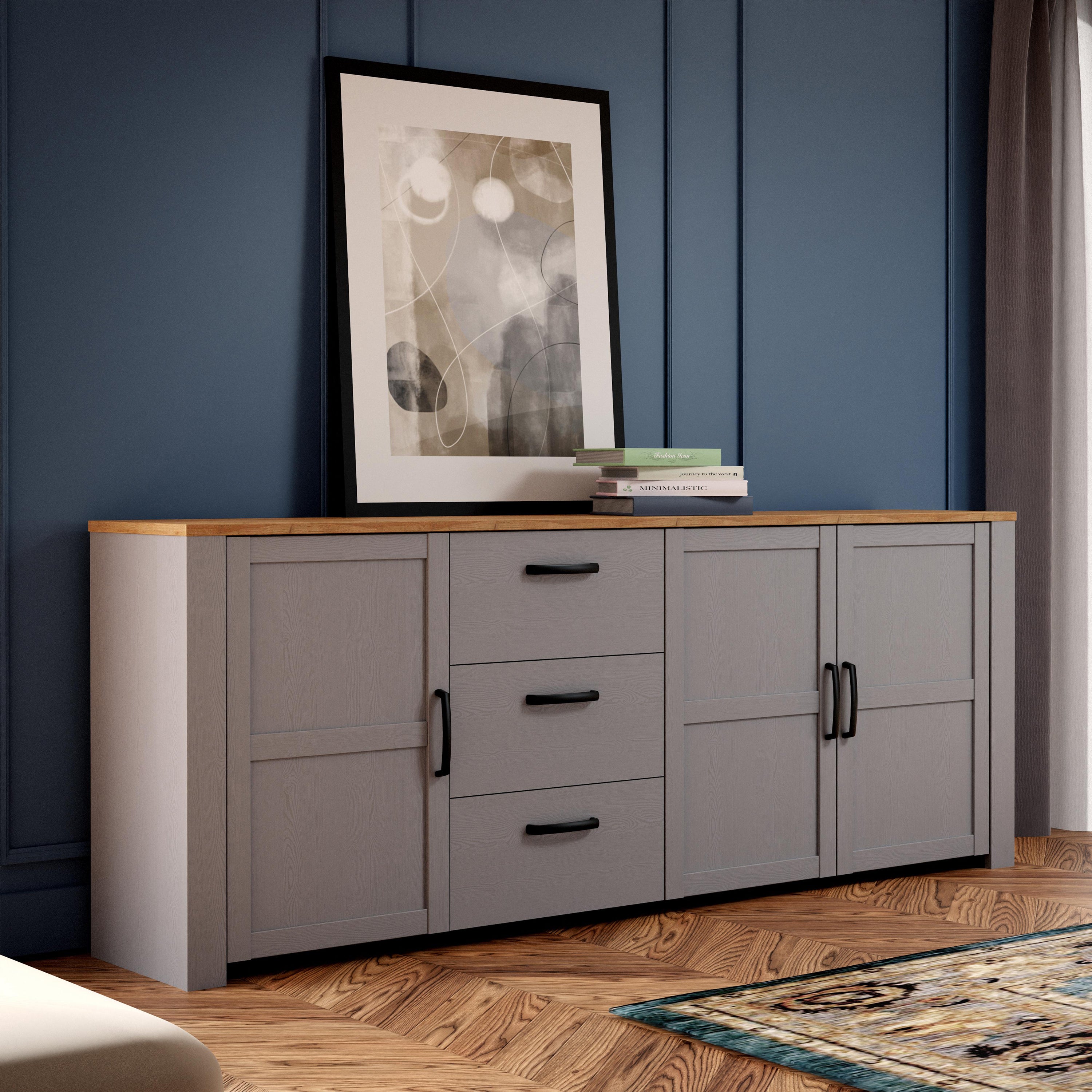 Balmoral 3 Door 3 Drawer Large Sideboard in Riviera Oak/Grey Oak