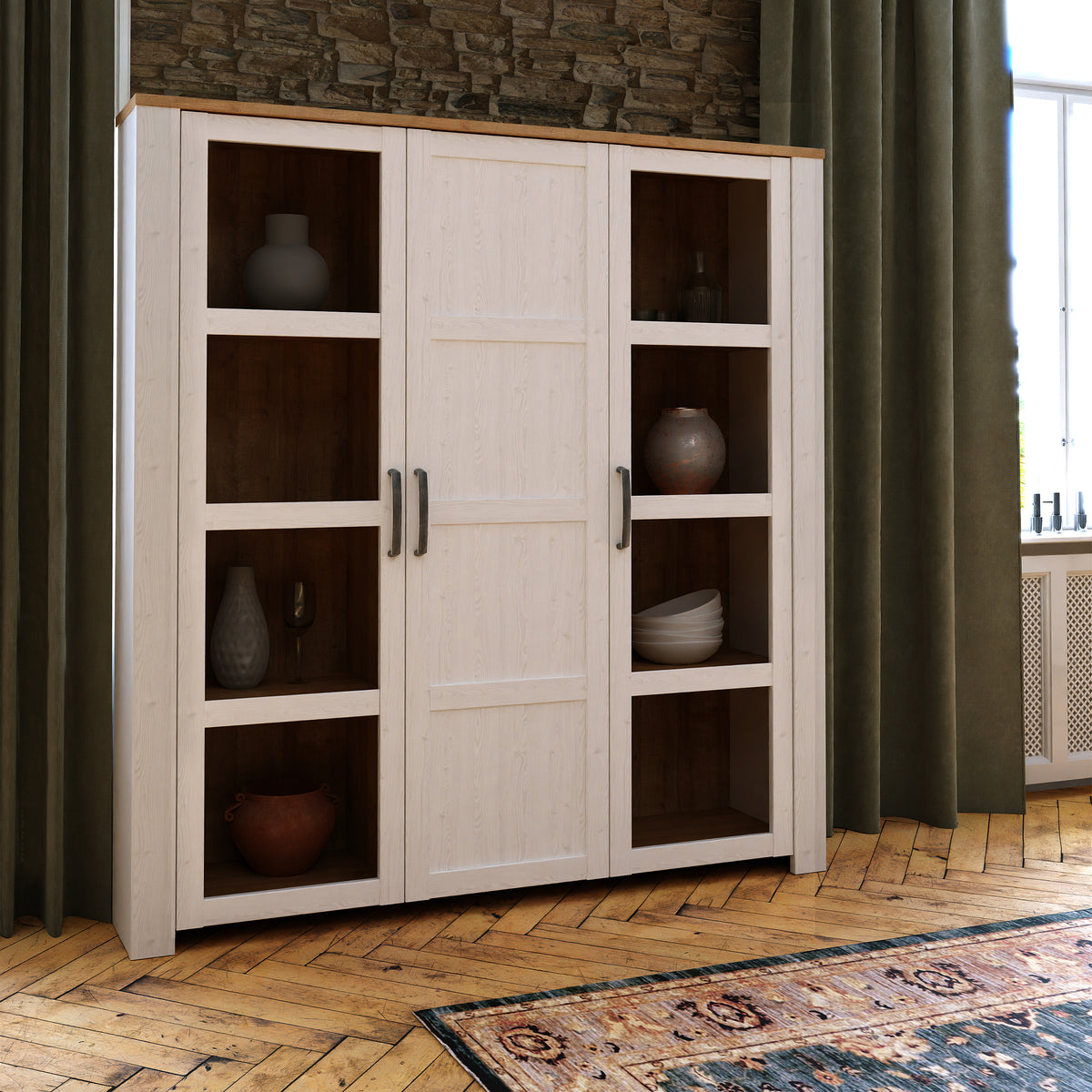 Balmoral 3 Door Large Display Cabinet in Riviera Oak/White
