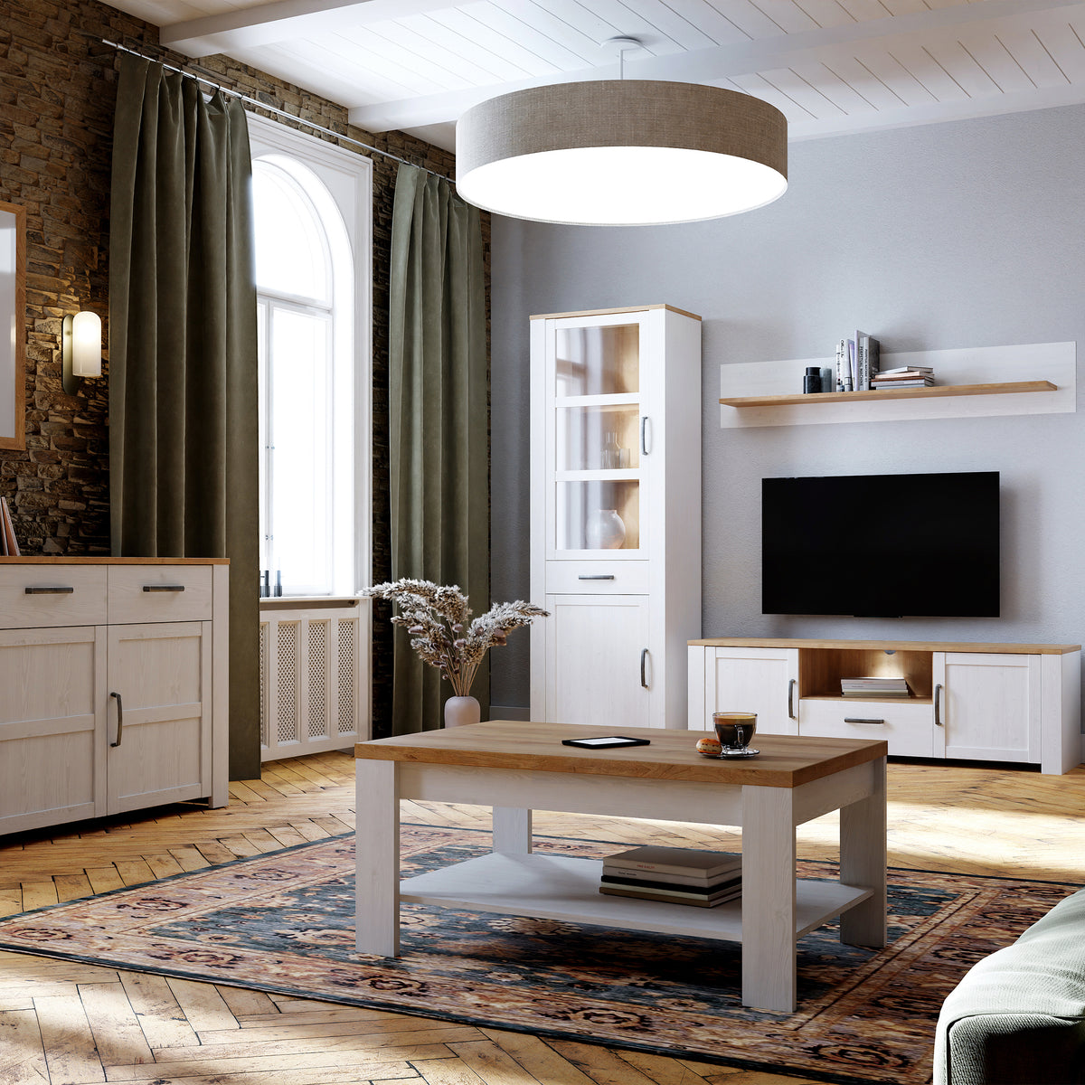 Balmoral 2 Door 1 Drawer Narrow Display Cabinet in Riviera Oak/White