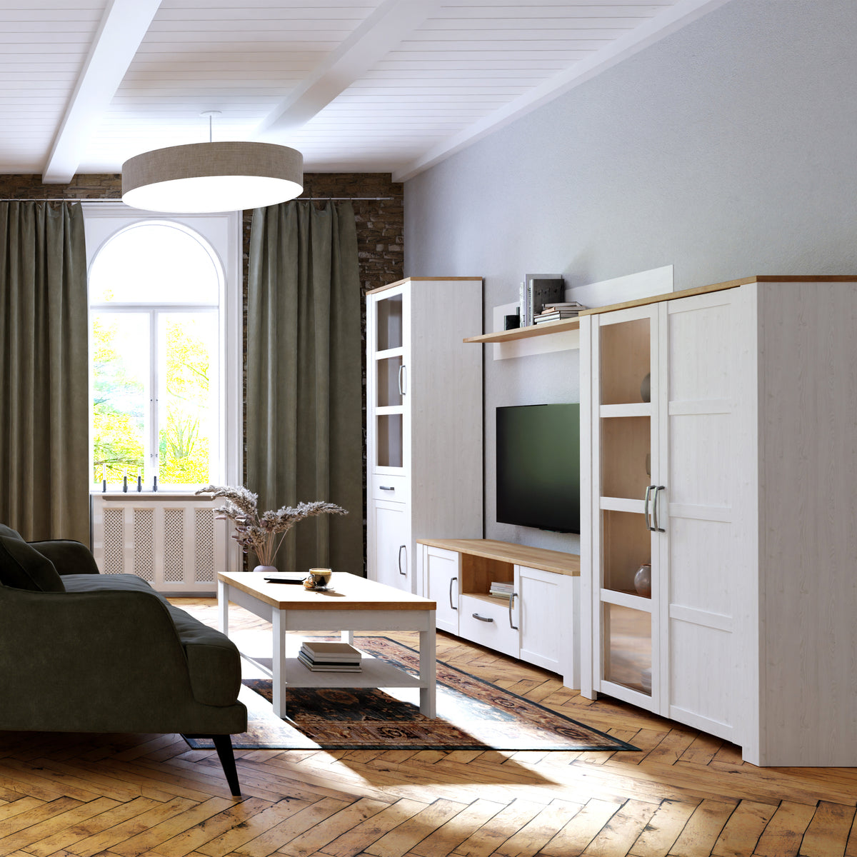 Balmoral 2 Door 1 Drawer Narrow Display Cabinet in Riviera Oak/White