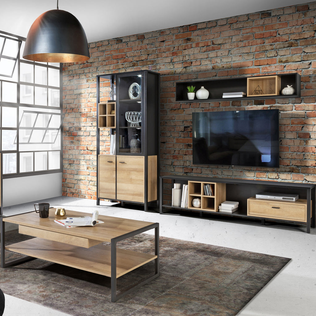 Hampton Wall Shelf in Matt Black/Riviera Oak