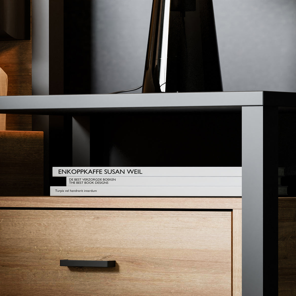 Hampton Bedside in Matt Black/Riviera Oak