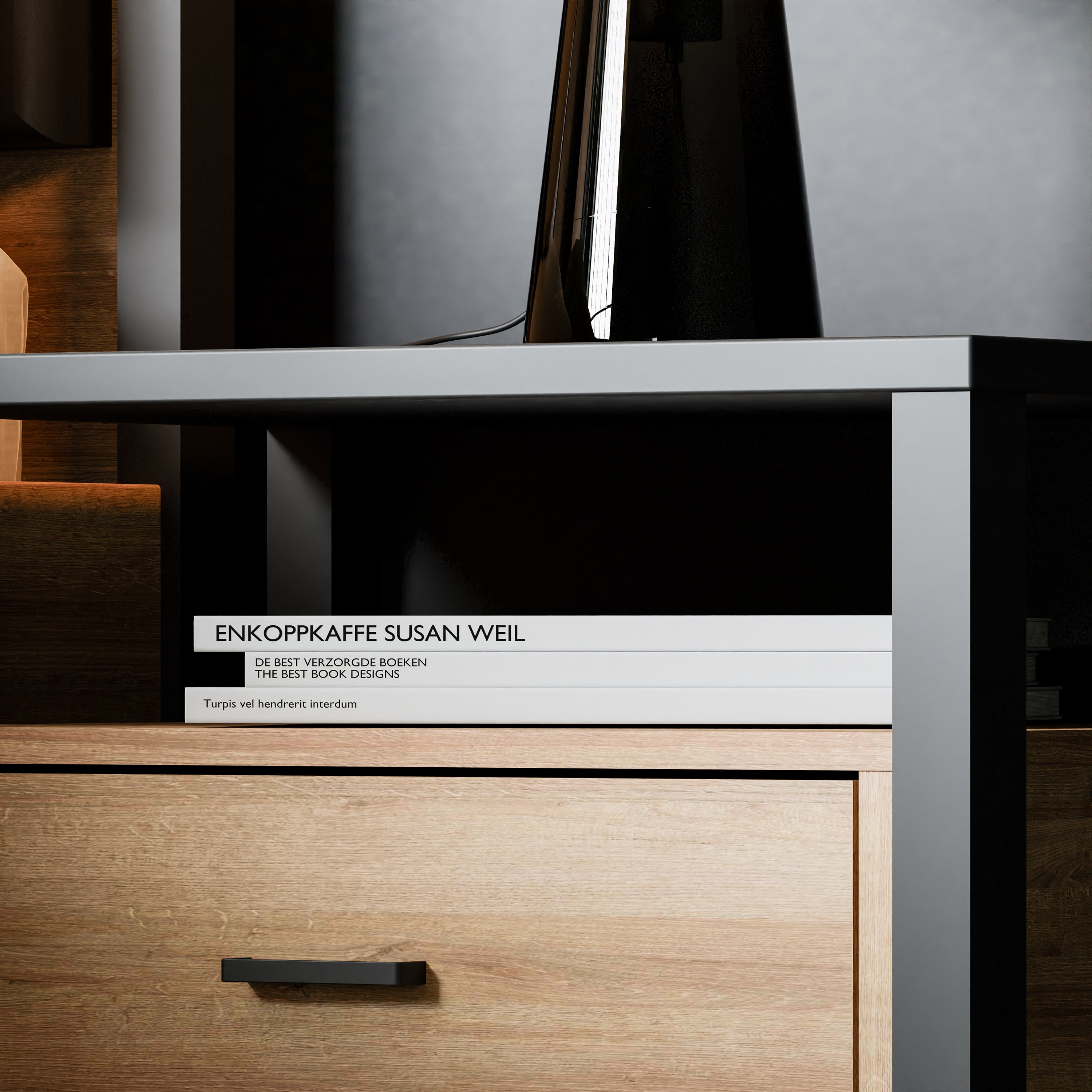 Hampton Bedside in Matt Black/Riviera Oak