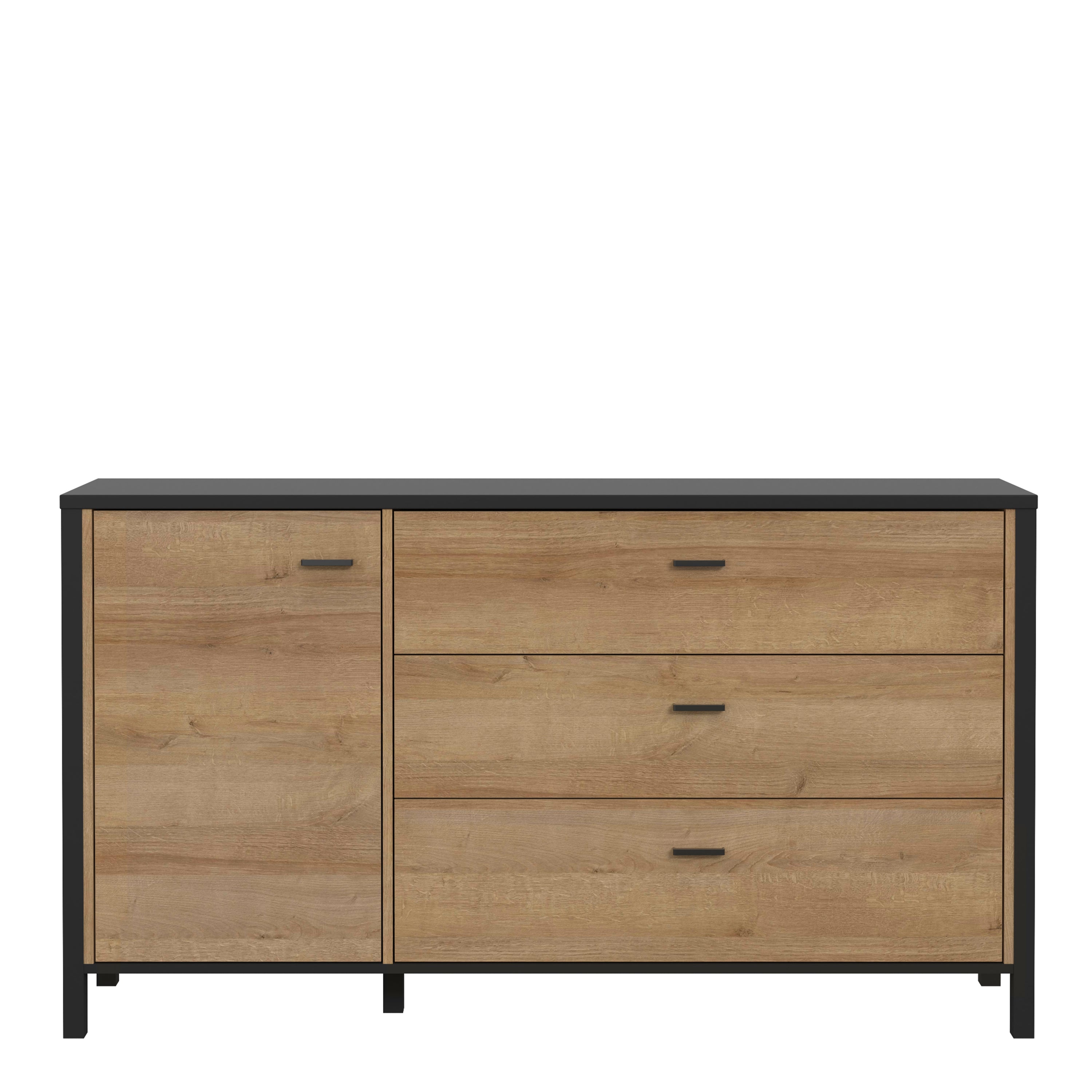 Hampton 1 Door 3 Drawer Sideboard in Matt Black/Riviera Oak