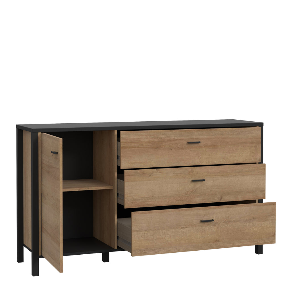 Hampton 1 Door 3 Drawer Sideboard in Matt Black/Riviera Oak